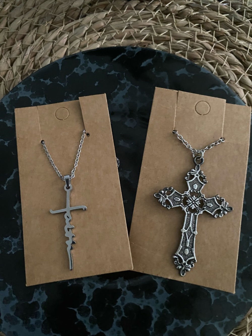 SET OF 2 Silver Cross Necklaces - Script ( says FAITH) & a beautiful Ornate